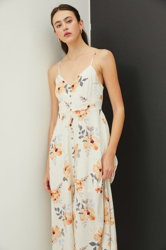 BE COOL Peach Hibiscus Floral Button Down Cami Midi Dress