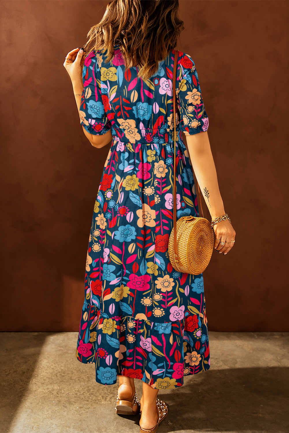 Green Retro Floral Printed Split Neck Maxi Dress