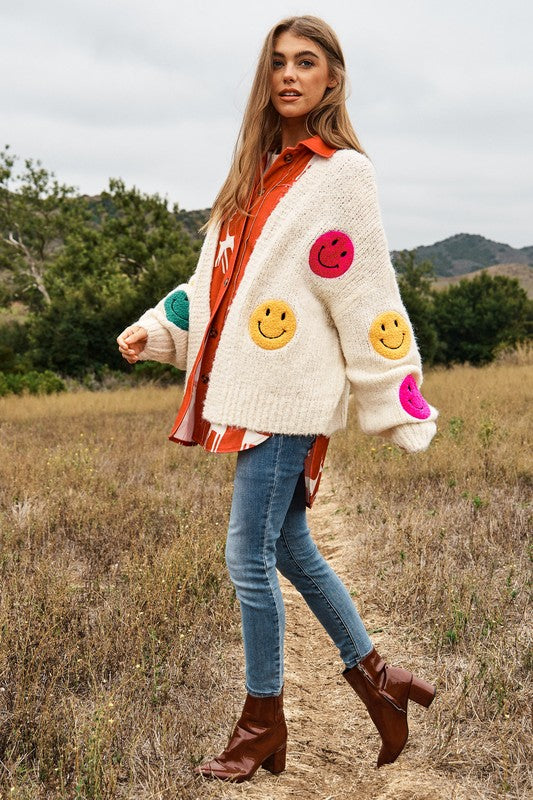 DAVI & DANI The Fuzzy Smile Long Bell Sleeve Knit Cardigan