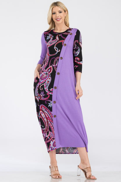 CELESTE Full Size Lilac Paisley Contrast Midi Dress with Pockets