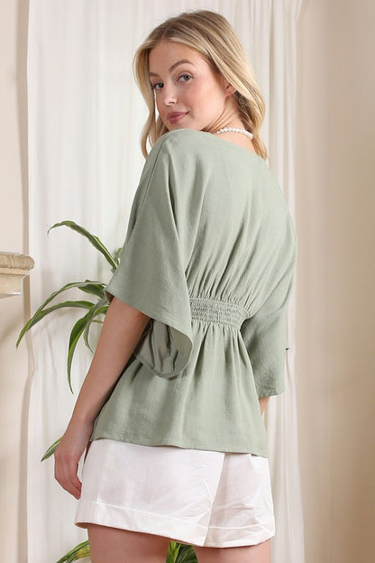 LILOU Deep V neck Sage Buttoned Top with Draped Sleeves