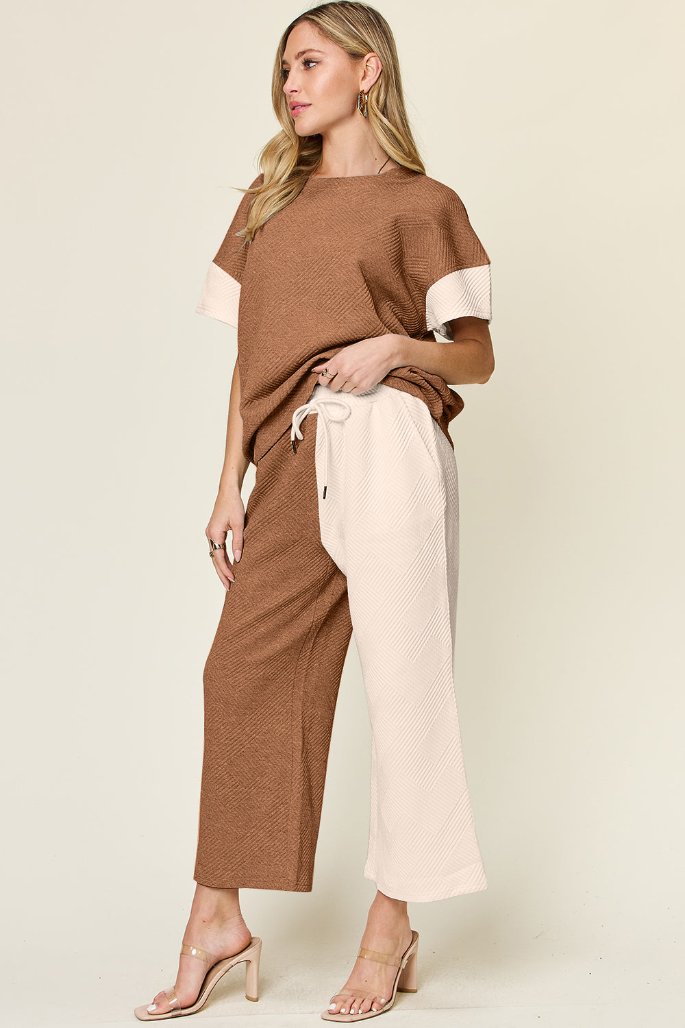 DOUBLE TAKE Full Size Texture Contrast T-Shirt and Wide Leg Pants Set