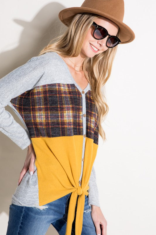 E LUNA Plaid Contrast Mixed Long Sleeves Top