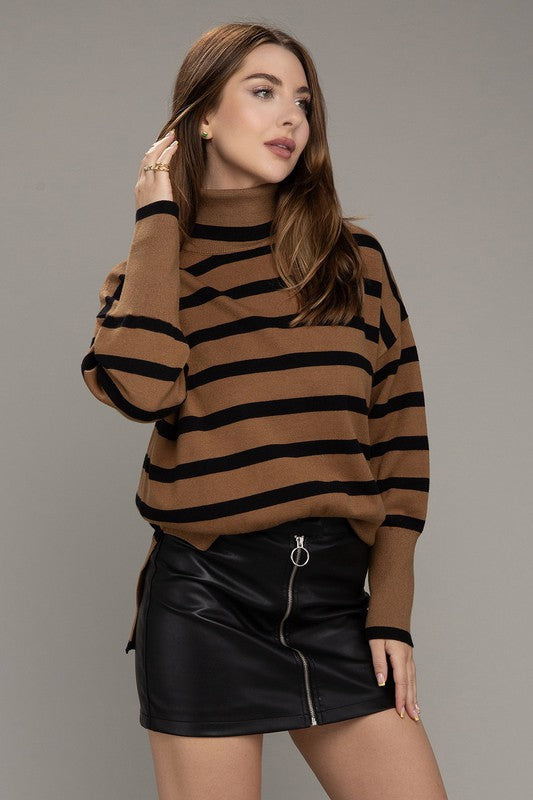 NUVI APPAREL Brown Stripe Turtleneck Knit Sweater