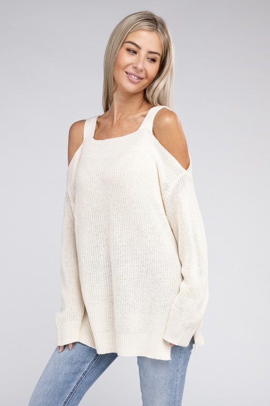 NUVI APPAREL Knitted Cold-Shoulder Sweater