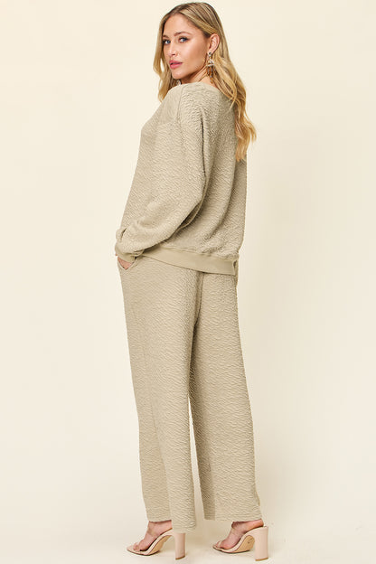 DOUBLE TAKE Full Size Texture Long Sleeve Top and Pants Lounge Set