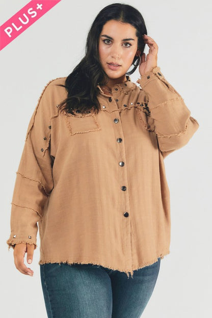 DAVI & DANI PLUS Distressed hem button down oversize shirt