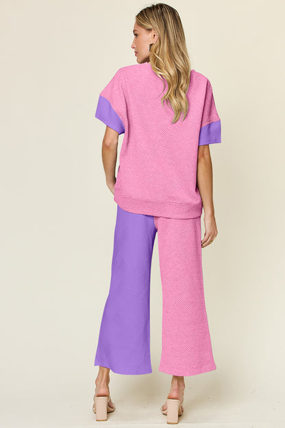 DOUBLE TAKE Full Size Texture Contrast T-Shirt and Wide Leg Pants Set