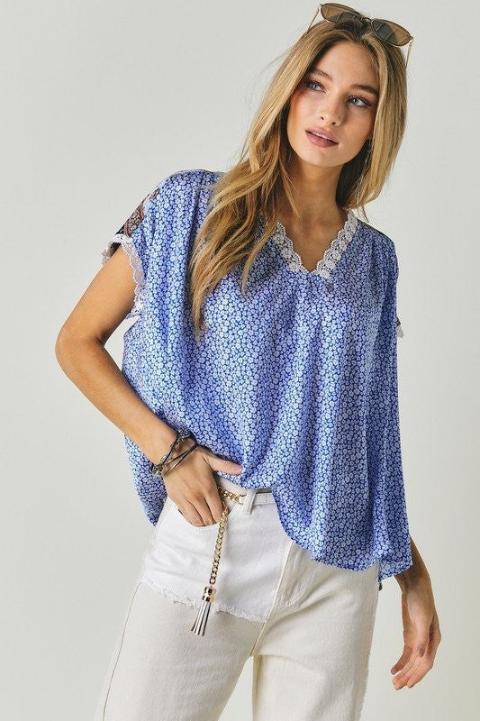 DAVI & DANI Printed Lace V-Neck Short Sleeve Loose Top