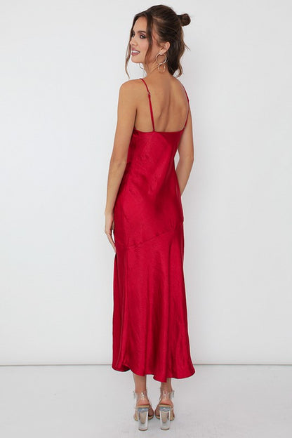 ONE & ONLY COLLECTIVE Wine Romantic Satin Side Slit Midi Dress with Split