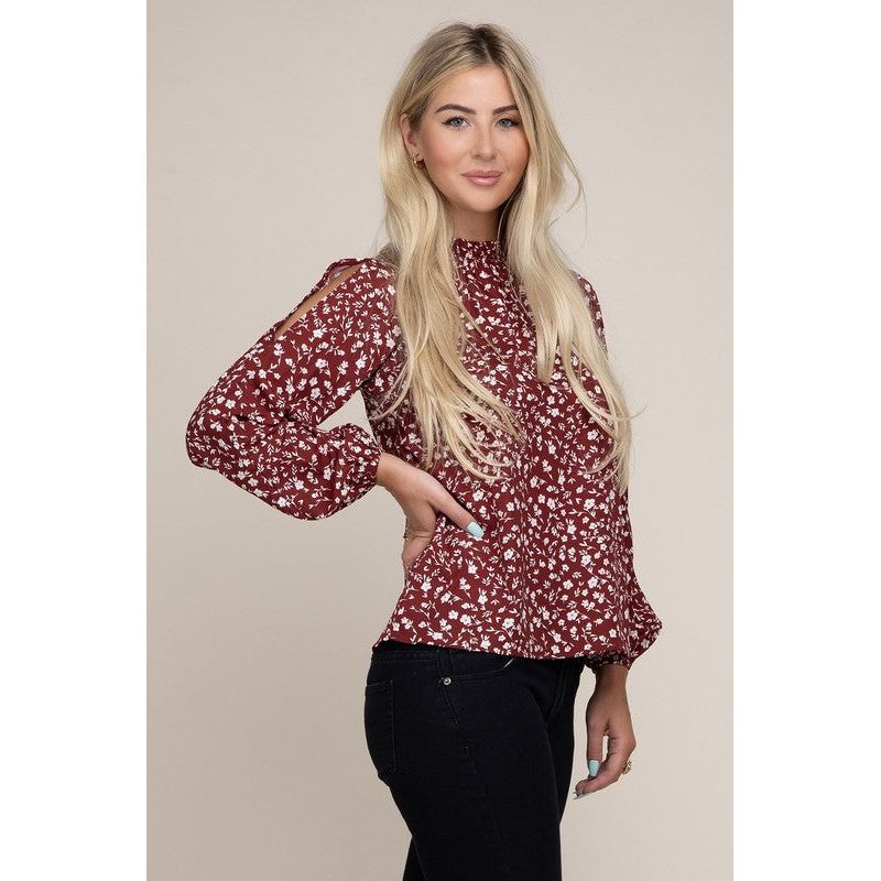 NUVI APPAREL Ditsy Floral Print  Split Sleeve Blouse