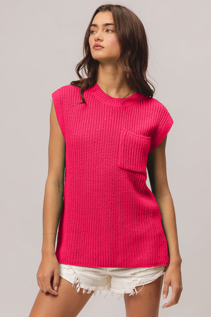 BiBi Fuchsia Patch Pocket Cap Sleeve Sweater Top