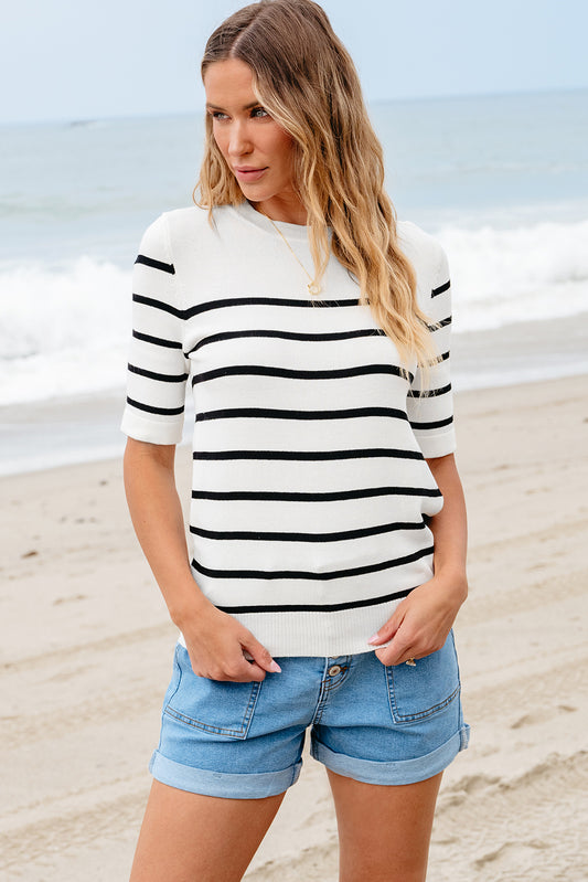 Striped Round Neck Half Sleeve Knit Top