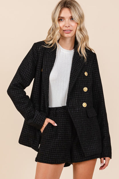 MITTOSHOP Women's Plaid Texture Double-Breasted Long Sleeve Blazer