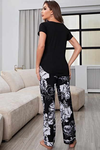 H.2.J. Full Size V-Neck Top and Floral Pants Lounge Set