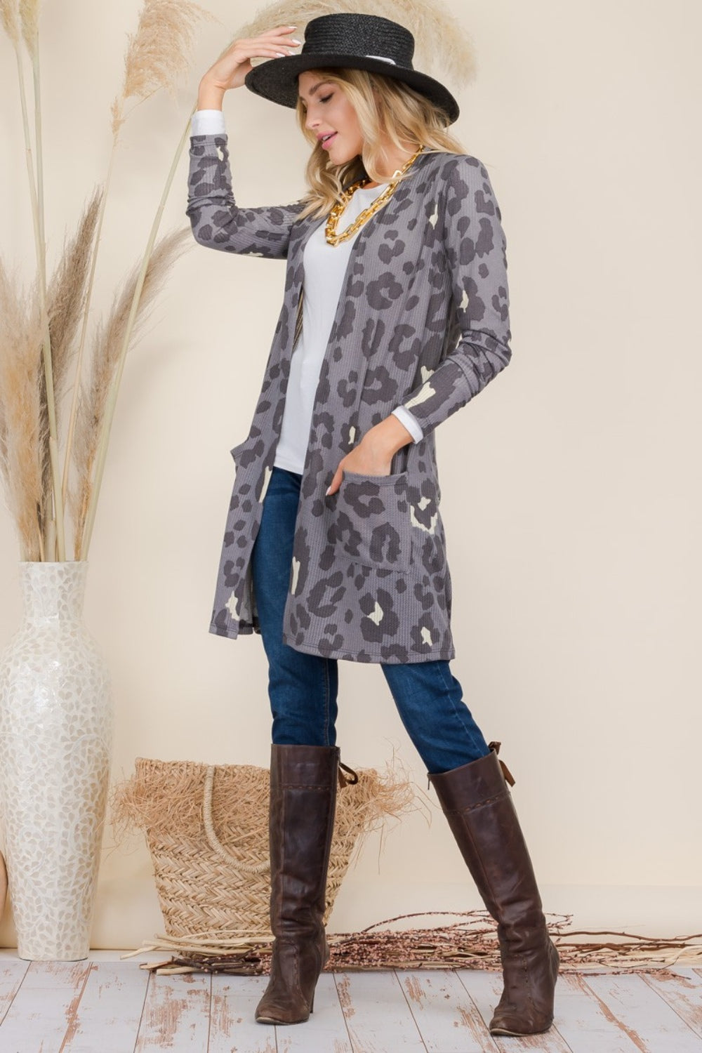 CELESTE Full Size Leopard Open Front Autumn Contrast Cardigan