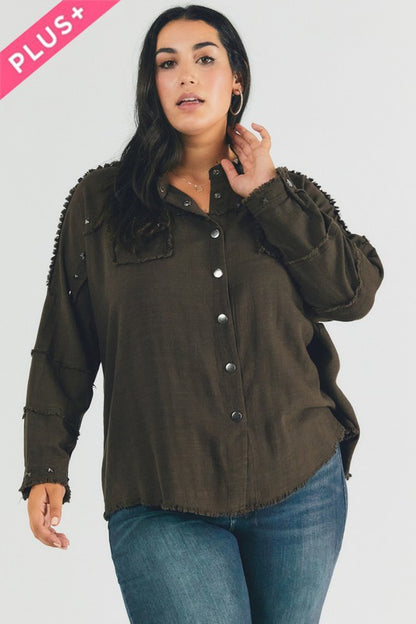 DAVI & DANI PLUS Distressed hem button down oversize shirt