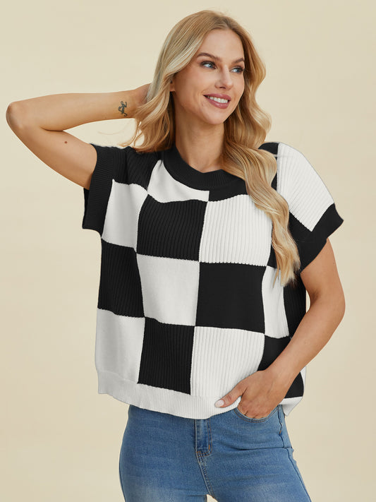 DOUBLE TAKE Full Size Checkered Round Neck Short Sleeve Sweater