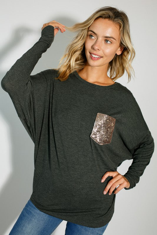 E LUNA Dolman Long Sleeves Top with Sequined Pocket