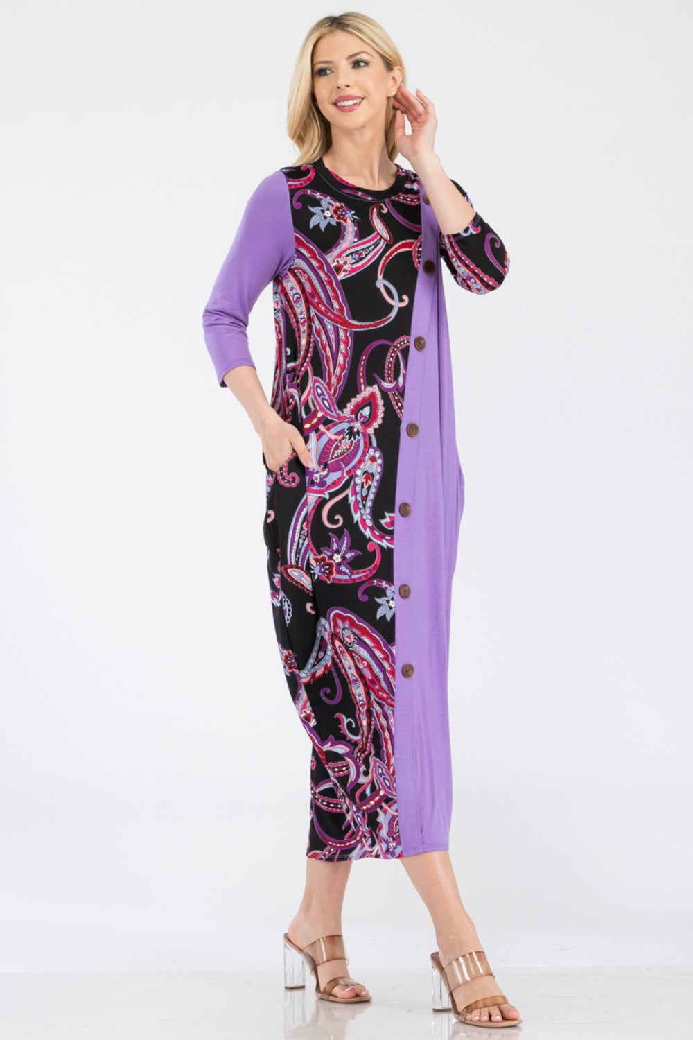 CELESTE Full Size Lilac Paisley Contrast Midi Dress with Pockets