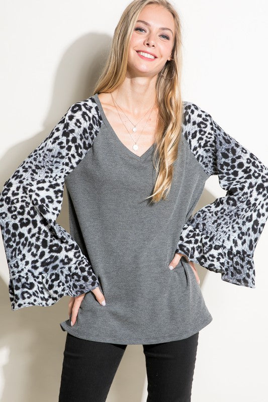 E LUNA Solid Top with Cheetah Print Sleeves