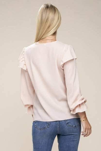 NUVI APPAREL V-Neckline Lace Trim Long Sleeve Blouse