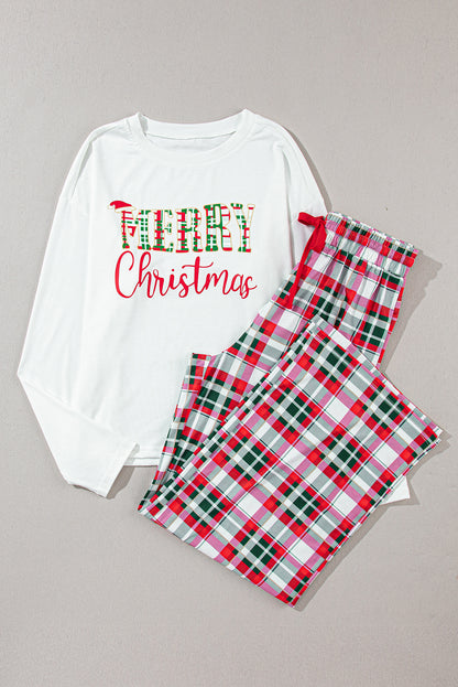 SYNZ MERRY CHRISTMAS Round Neck Top and Plaid Pants Christmas Pajamas Set