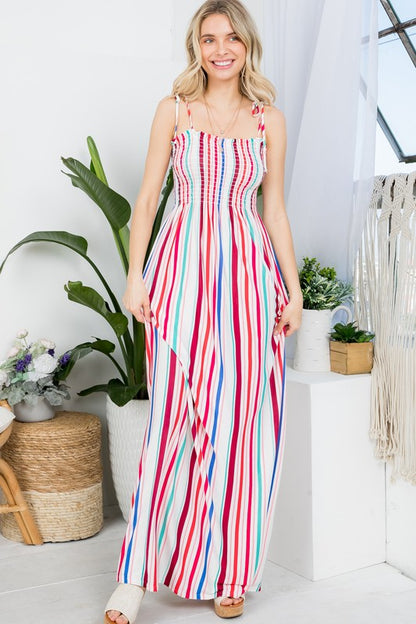 E LUNA Stripe Smocked Maxi Tank Dress