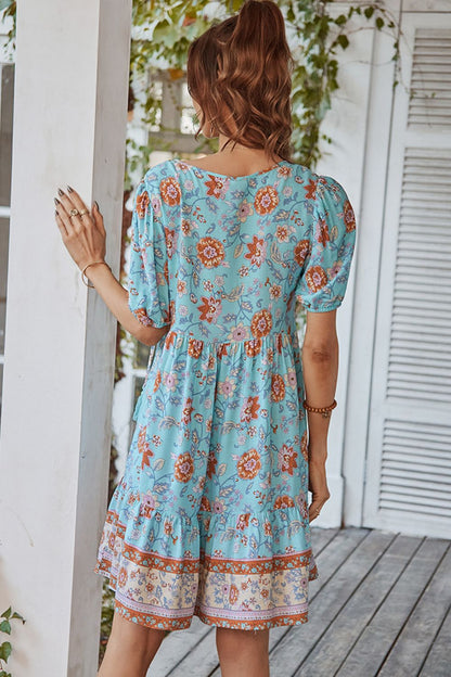 Casual Boho Floral Tie Neck Short Sleeve Mini Dress