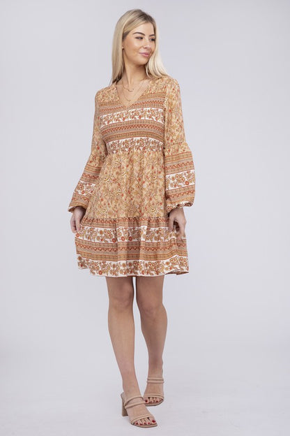 NUVI APPAREL Smocked Beige Long Sleeve Mini Boho Dress