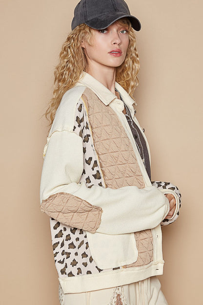 POL Leopard Exposed Seam Button Up Quilted Jacket in Cream