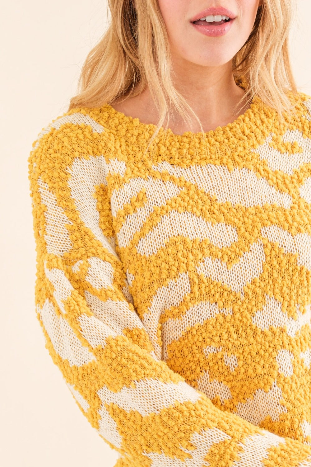 AND THE WHY Full Size Mustard Textured Pattern Contrast Sweater