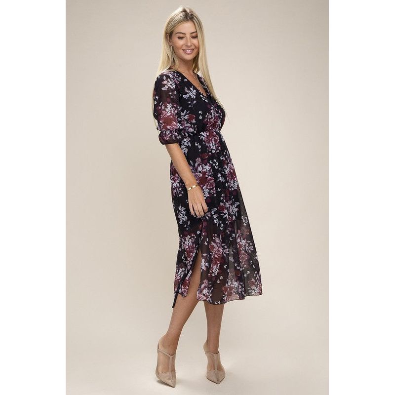 NUVI APPAREL Floral Print  V Neck Maxi Dress