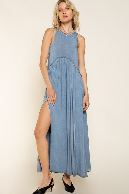 POL Stone Washed Double Side Slit Cut Out Maxi Dress