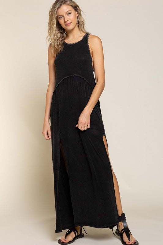 POL Stone Washed Double Side Slit Cut Out Maxi Dress