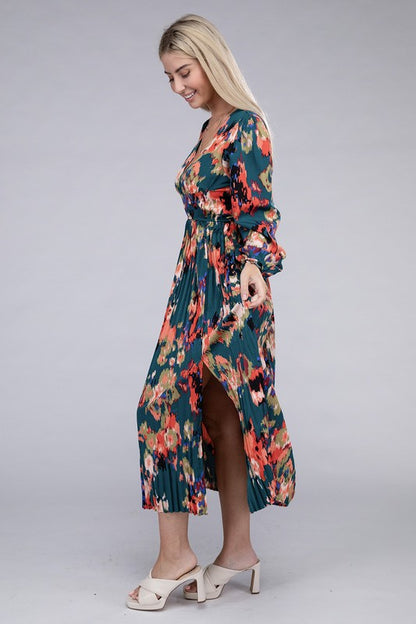 NUVI APPAREL Floral Satin Pleated Maxi Dress