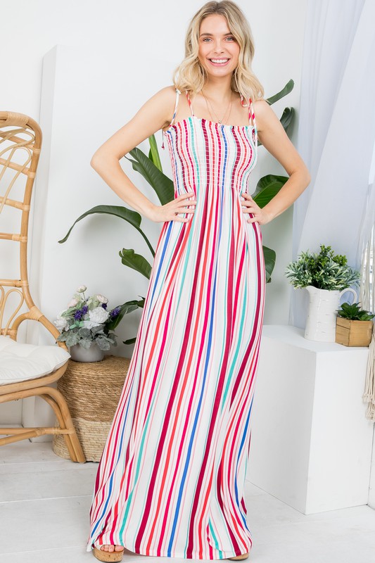 E LUNA Stripe Smocked Maxi Tank Dress