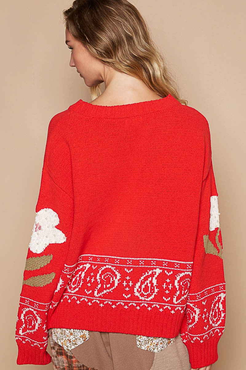 POL Red Flower Lace Patch Long Sleeve Sweater