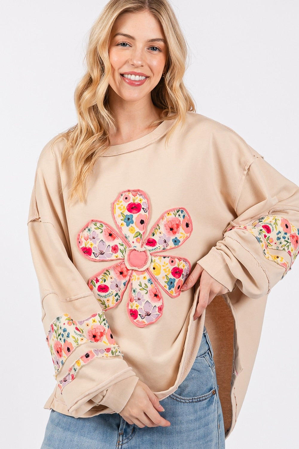 SAGE + FIG Daisy Patch Applique Long Sleeve Sweatshirt