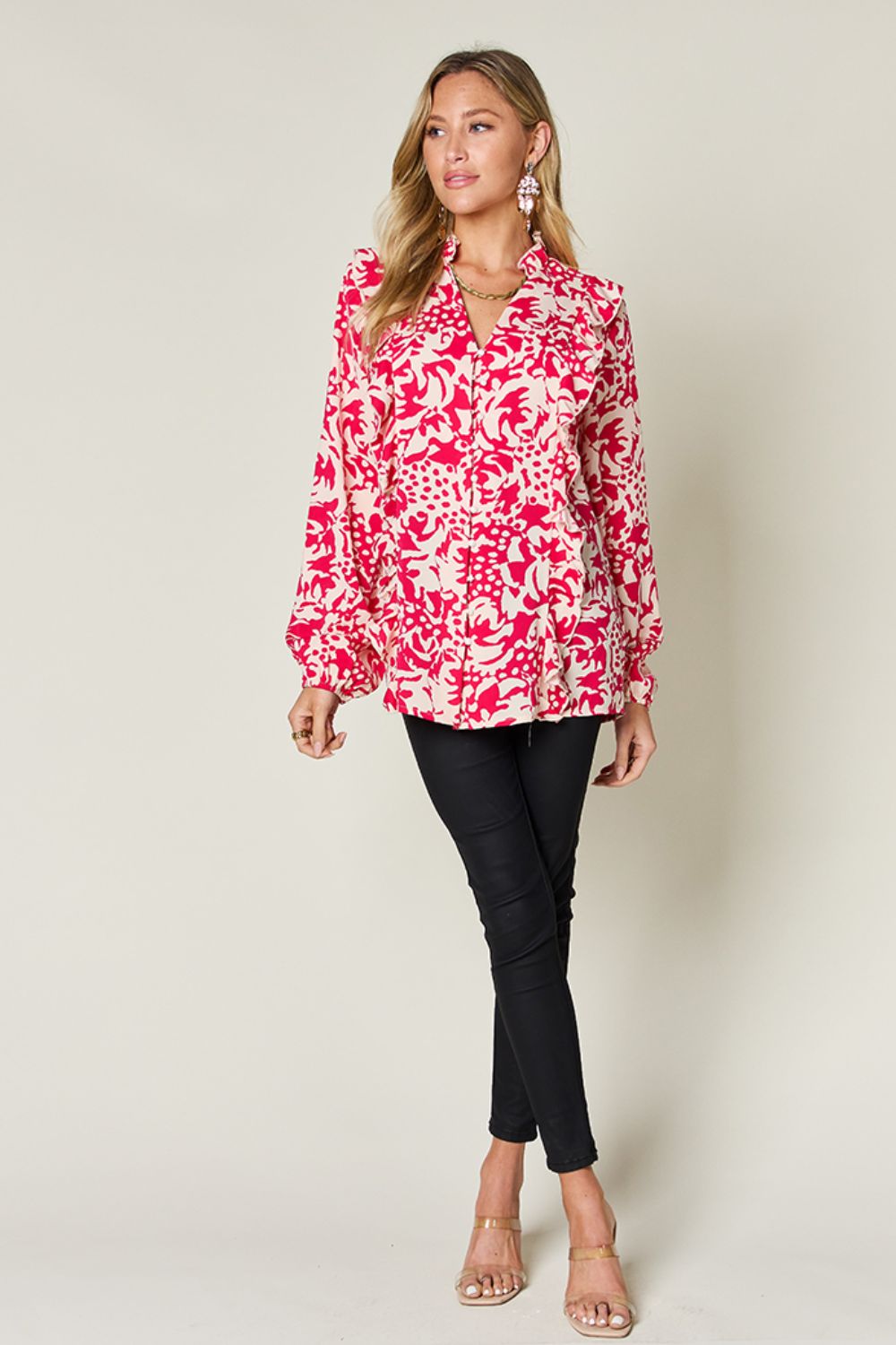 DOUBLE TAKE Full Size Printed Ruffle Trim Balloon Sleeve Blouse