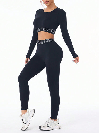 Q&S 2 Piece Black Activewear Set with Long Sleeves Crop Top and Leggings