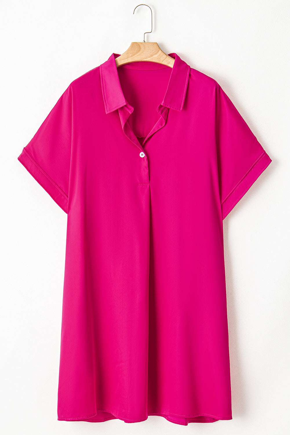 Bright Pink Collared V Neck Short Sleeve Shift Plus Size Dress