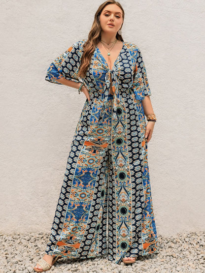 H.R.Z. Plus Size Printed Half Sleeve Wide Leg Jumpsuit