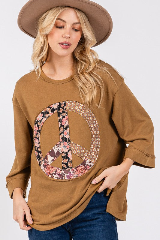 SAGE + FIG Women's Floral Peace Patch Round Neck Top in Caramel