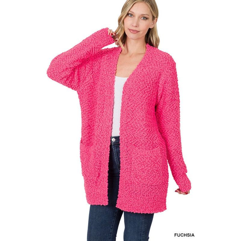 ZENANA POPCORN SWEATER CARDIGAN WITH POCKETS