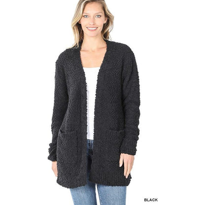 ZENANA POPCORN SWEATER CARDIGAN WITH POCKETS