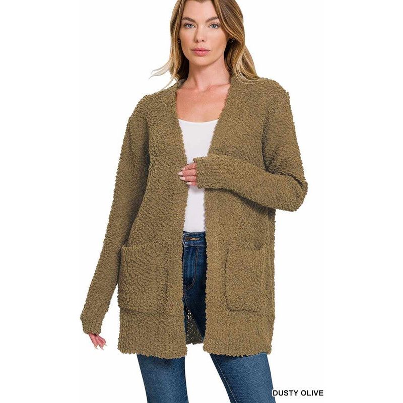 ZENANA POPCORN SWEATER CARDIGAN WITH POCKETS