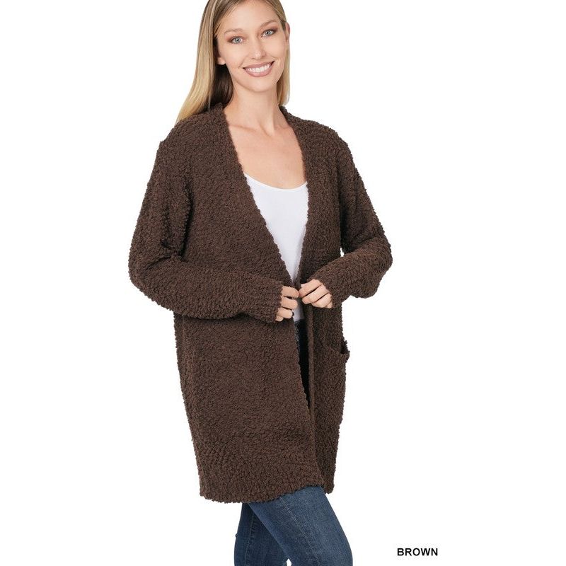 ZENANA POPCORN SWEATER CARDIGAN WITH POCKETS