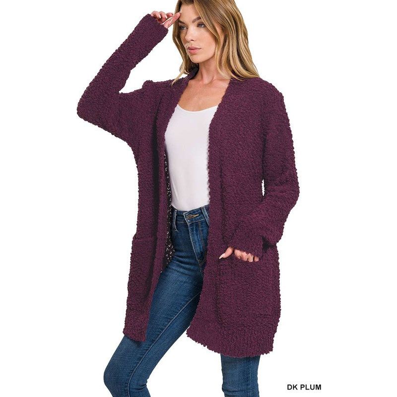 ZENANA POPCORN SWEATER CARDIGAN WITH POCKETS