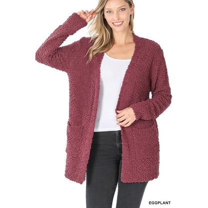 ZENANA POPCORN SWEATER CARDIGAN WITH POCKETS